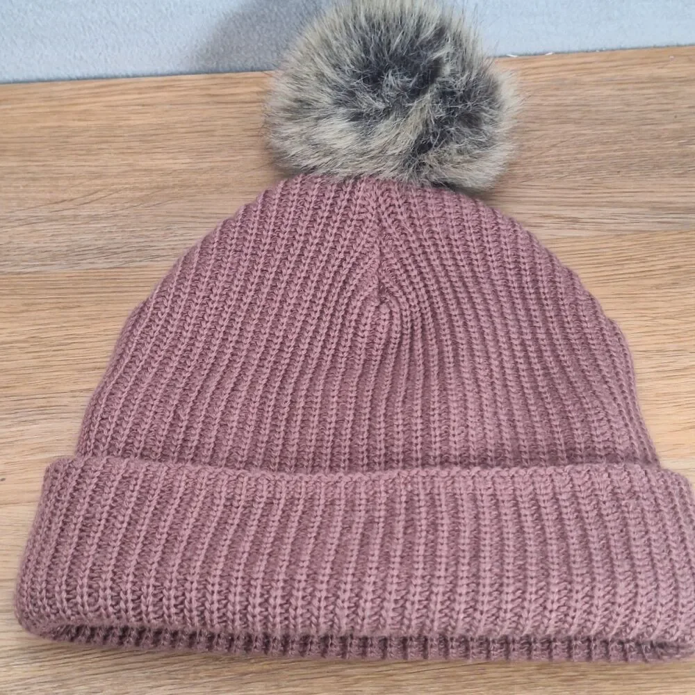 Carhartt Womens Hat Pink Pom Fleece Lined Knit Faux Fur Beanie Soft Mauve
